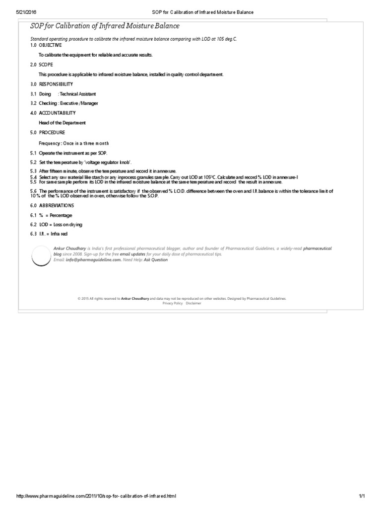 SOP for Calibration of Infrared Moisture Balance Infrared Calibration