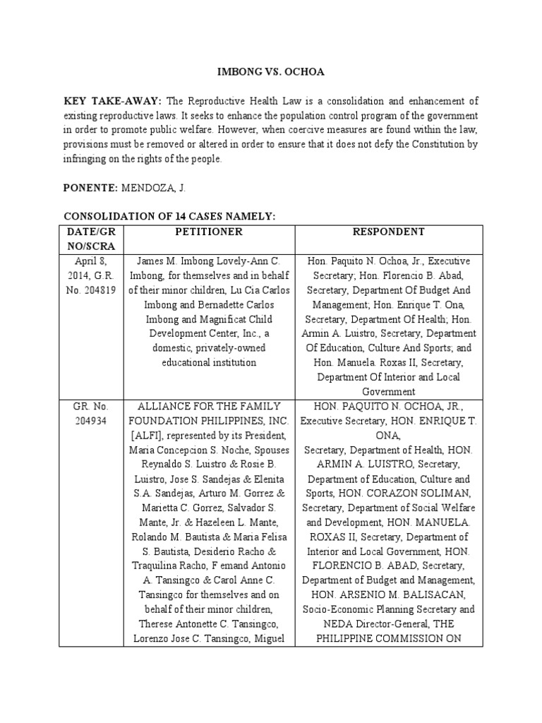 Imbong vs. Ochoa KEY TAKEAWAY The Reproductive Health Law Is A