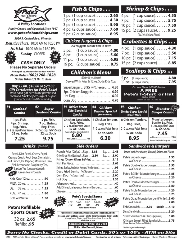 Pete's fish on sale and chips menu