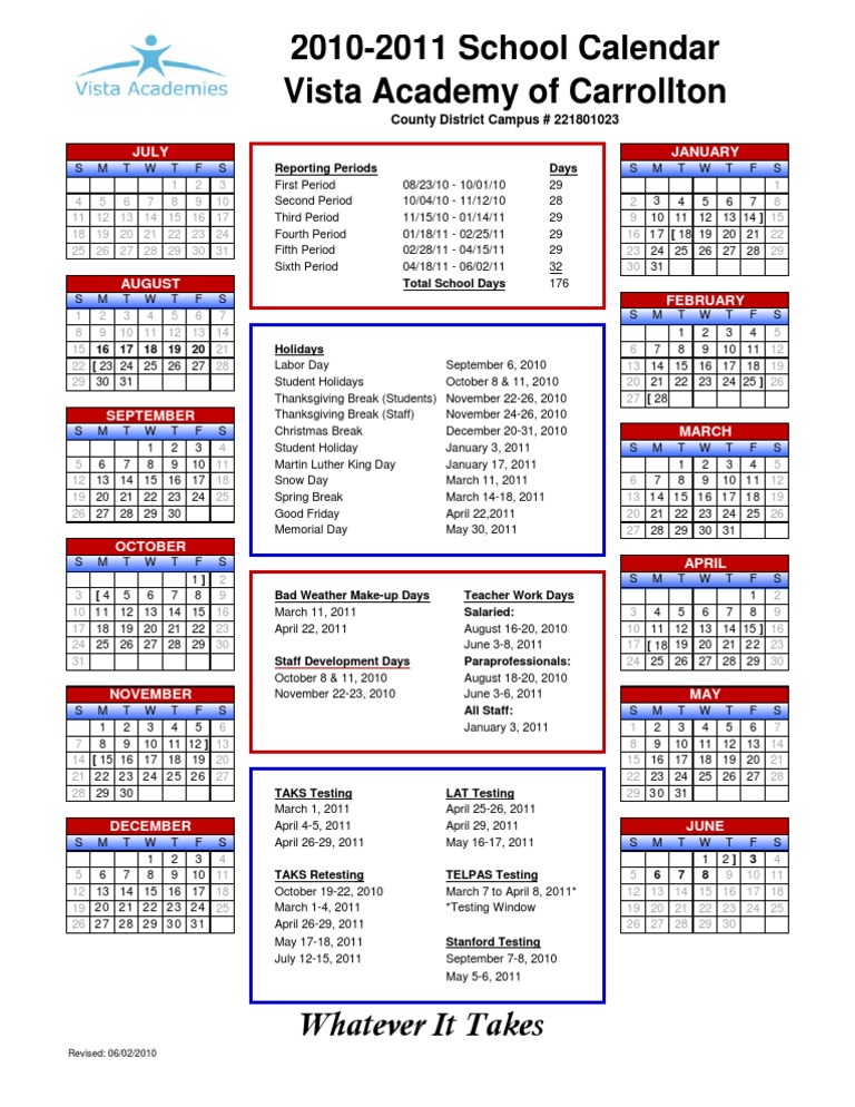 20102011 School Calendar Vista Academy of Carrollton Whatever It