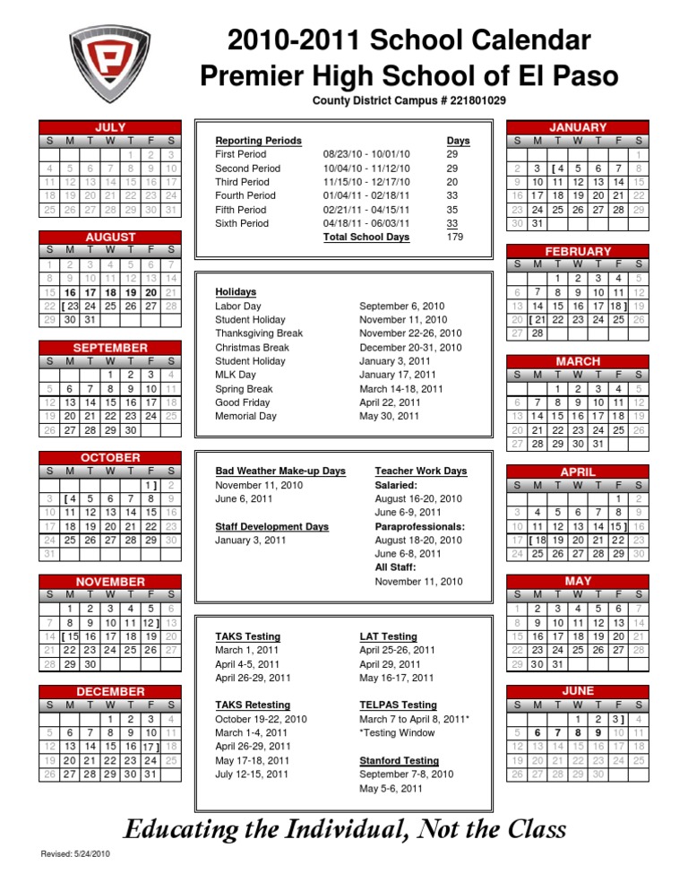2010-2011 Premier High School Calendar | PDF | Observances | Holidays