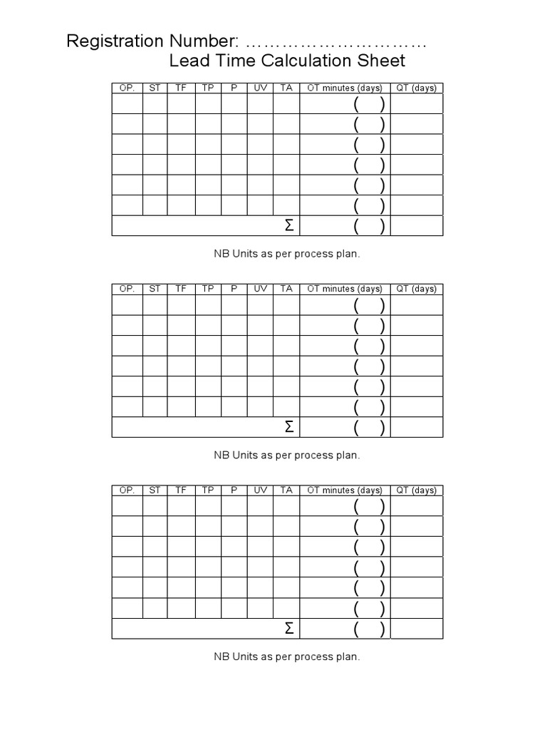 Lead Time Calculation Sheet PDF