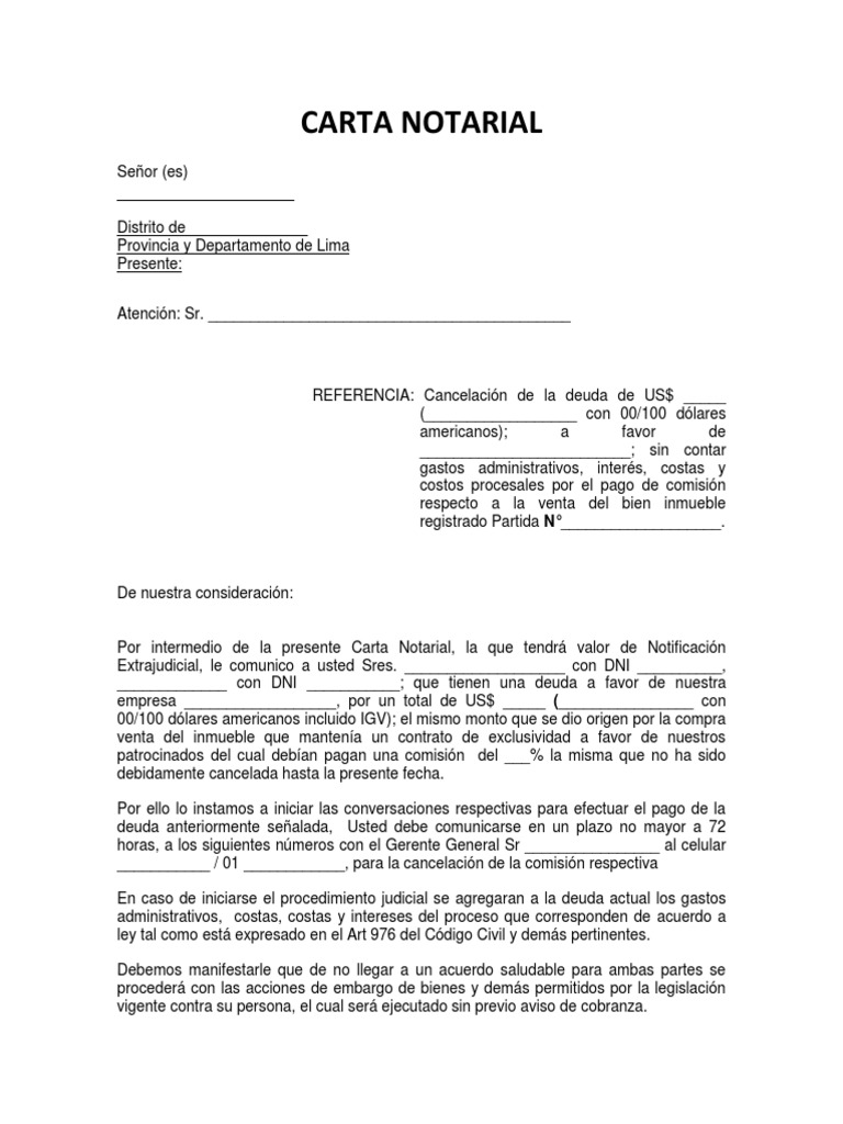 Carta Notarial Por Pago de Comision Trucos de confianza