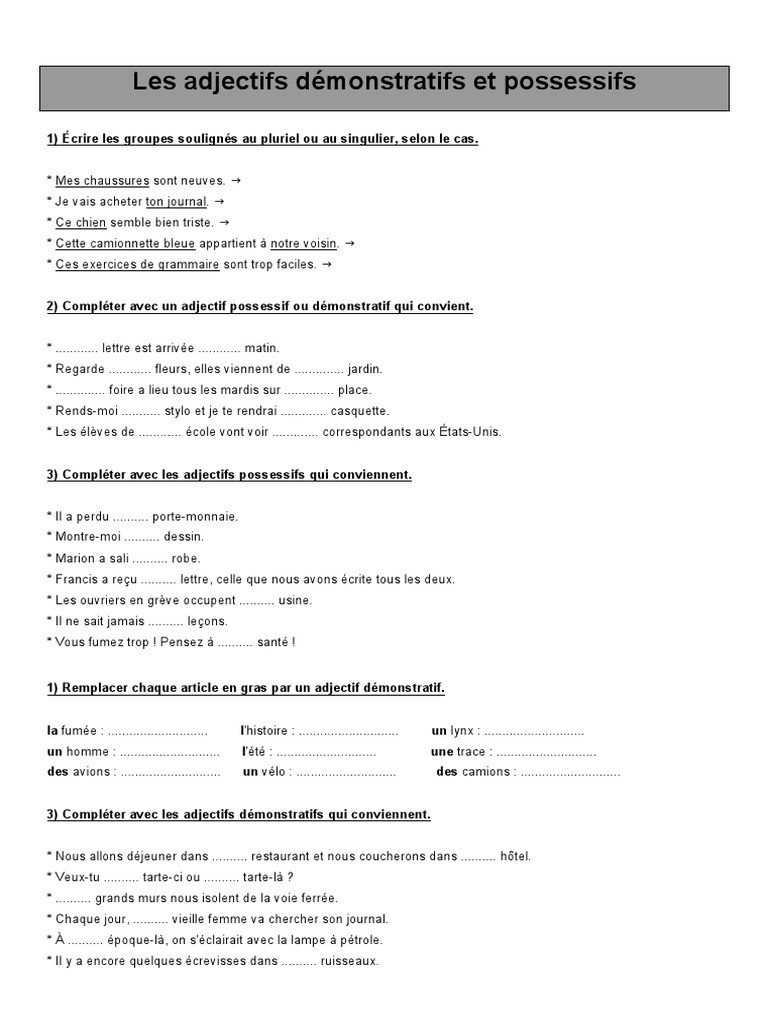 Les Adjectifs Possessifs Exercices Corrigés Les Adjectifs Possessifs Et Demonstratifs PDF | PDF