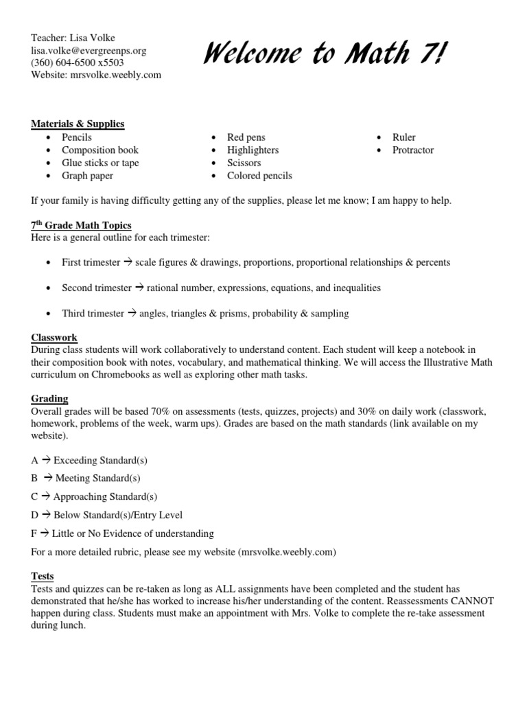 Syllabus Math 7 2018 | PDF | Homework | Behavior Modification