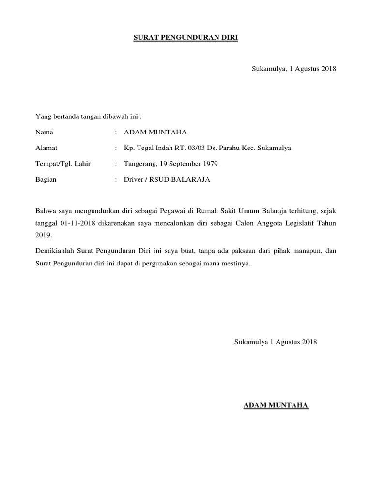 Contoh Surat Pengunduran Diri Kerja