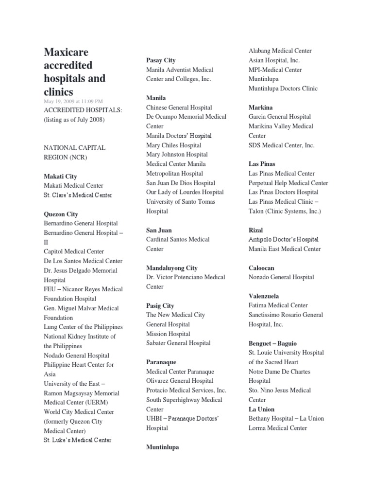 Maxicare Accredited Hospital and Clinics Manila Metro Manila
