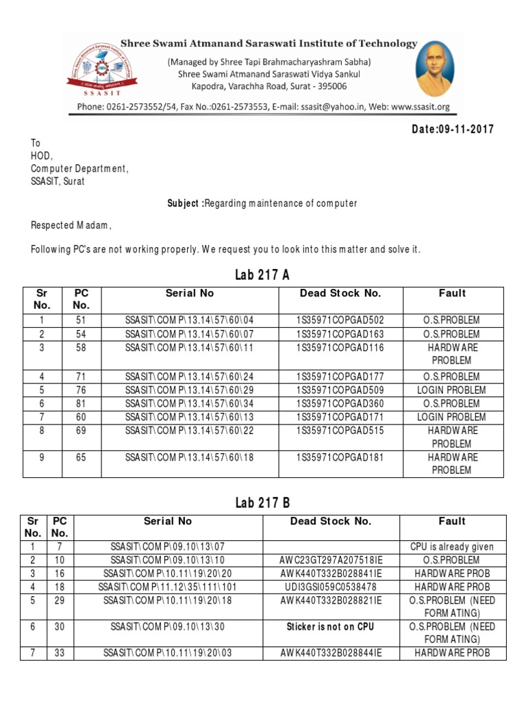 Lab 217 A: Subject:Regarding Maintenance of Computer | PDF | Computer ...