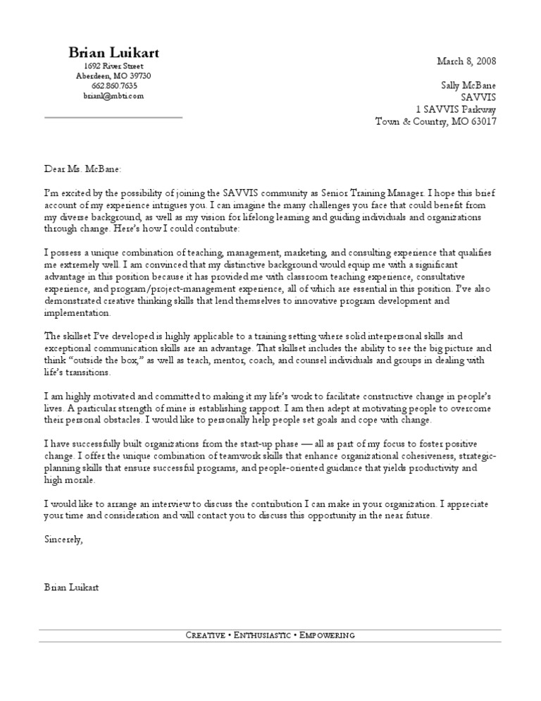 Sample Training Manager Cover Letter Mentorship Teaching