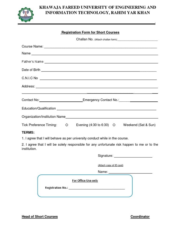 Short Course Registration Form RYK | PDF | Fee | Business
