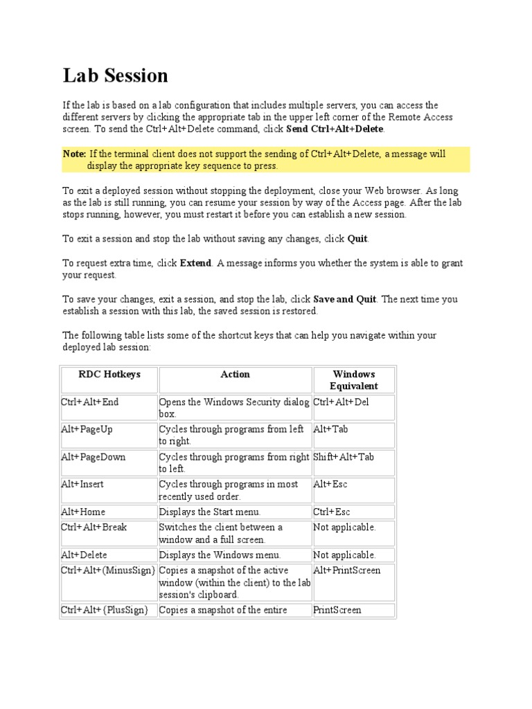 Shortcut Keys For RDP | PDF