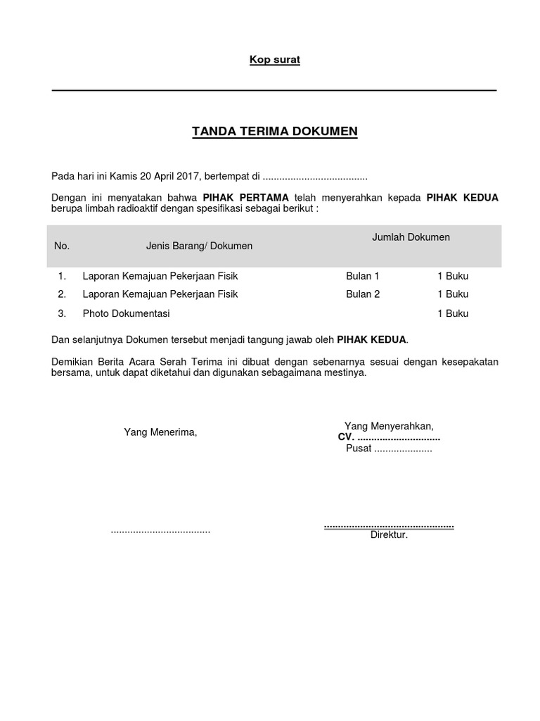 Tanda Terima Dokumen / Contoh Surat Tanda Terima Barang Guru Paud