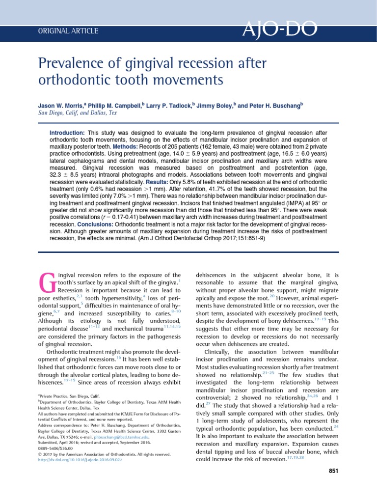 Prevalence of Gingival Recession After Orthodontic Tooth Movements PDF Orthodontics Human