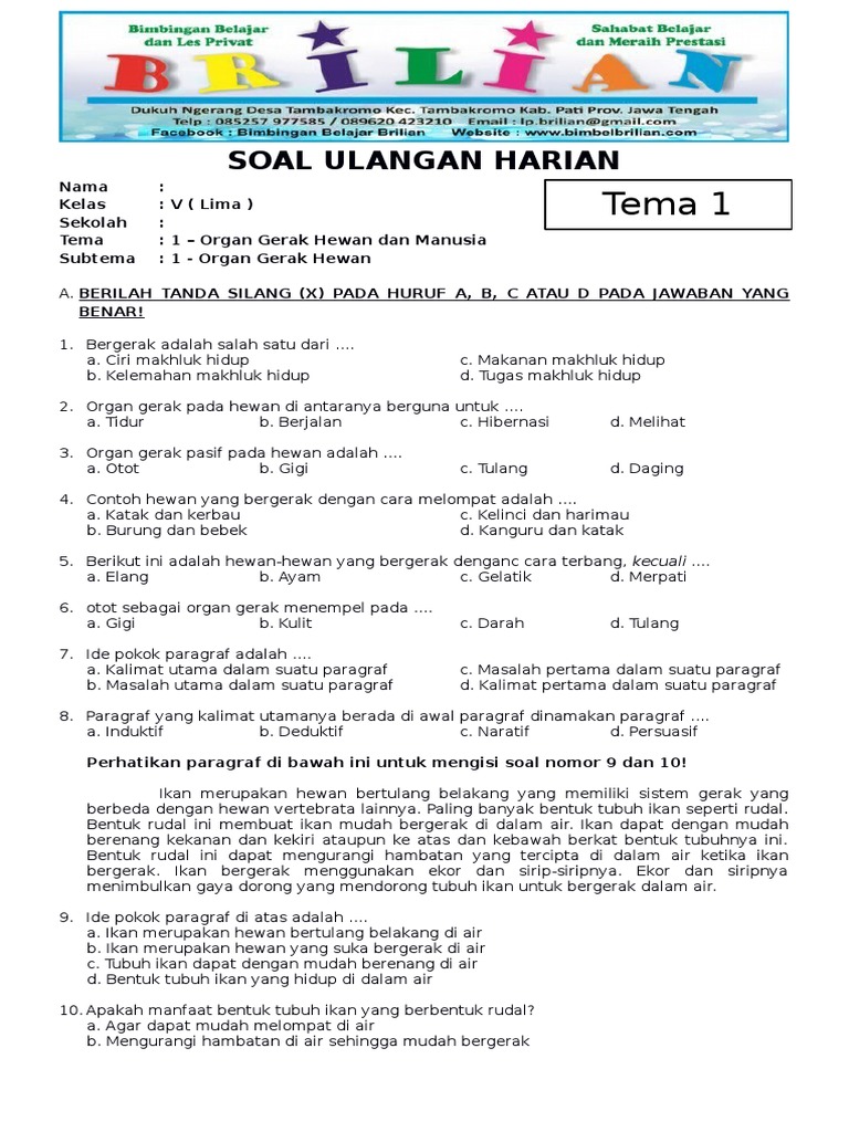 Soal Kelas  5  SD  Tema 1 Subtema 1 Organ Gerak Hewan  