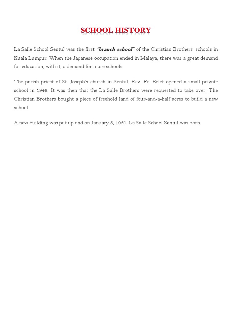 La Salle School Sentul History | PDF