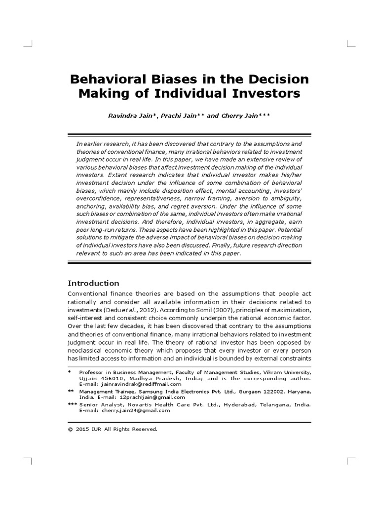 Behavioral Biases in The Decision Making of Individual Investors | PDF ...