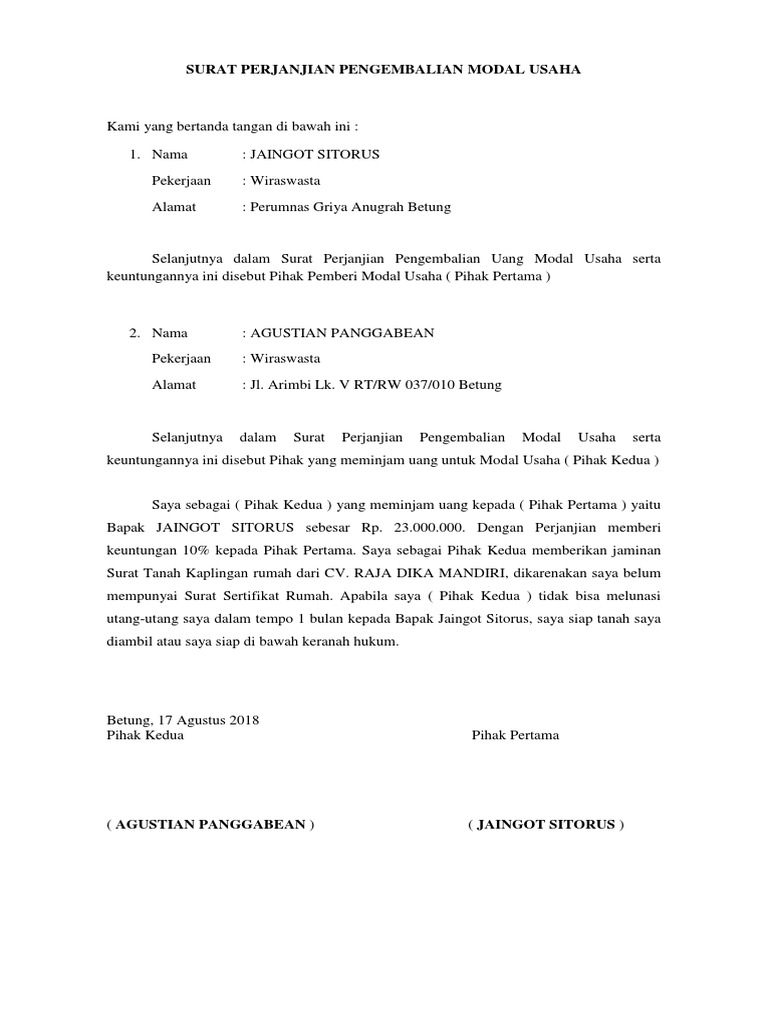 Surat Perjanjian Pengembalian Modal Usaha  PDF
