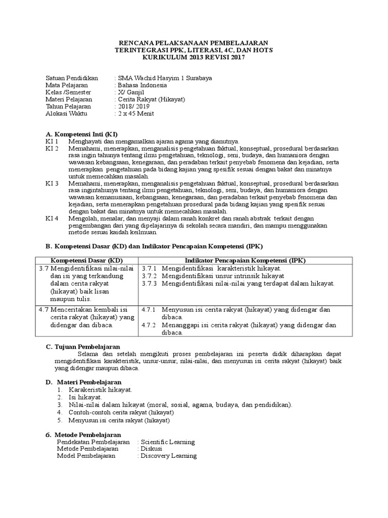 Rpp Bhs Indonesia Kelas X K 13 Revisi