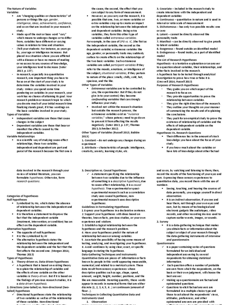 Variables and Hypotheses (Main Points) PDF Hypothesis Causality