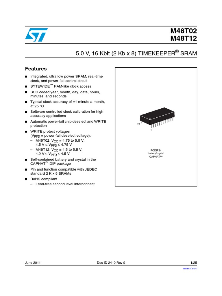 M48T02 M48T12: 5.0 V, 16 Kbit (2 KB X 8) TIMEKEEPER Sram | PDF | Electronic  Circuits | Clock