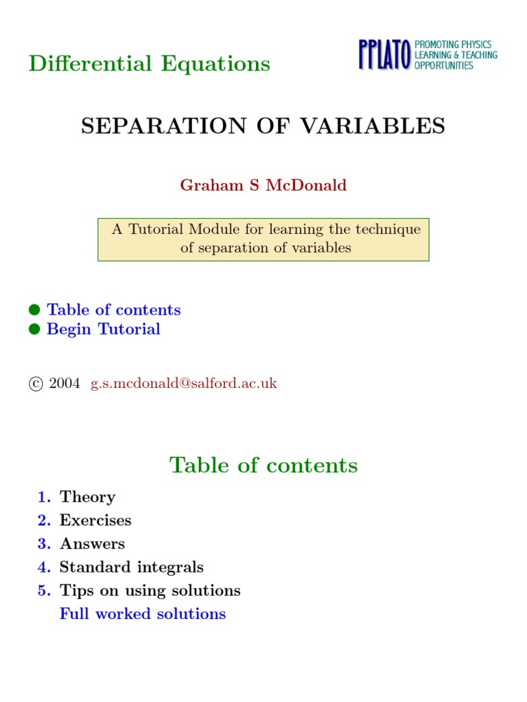 Solving Differential Equations: Separation | PDF | Ordinary ...