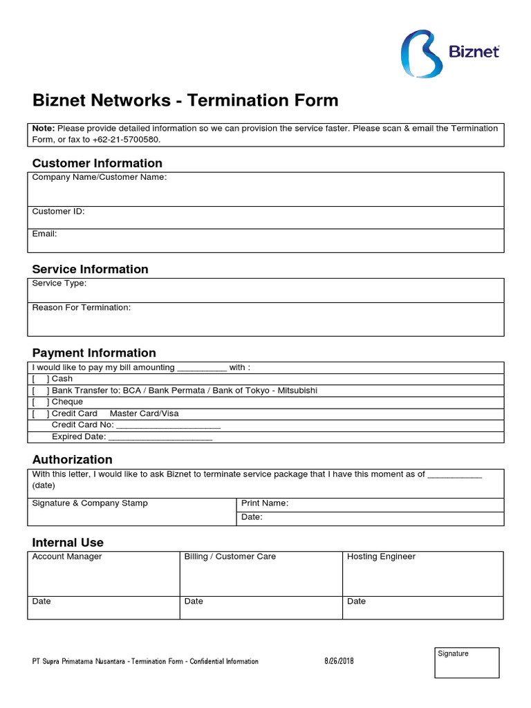 Biznet Networks - Termination Form: Customer Information | PDF