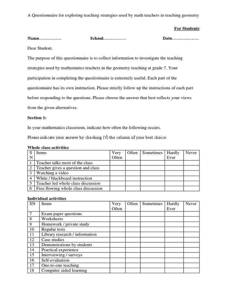 sample questionnaire research methods