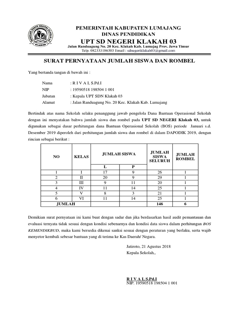 Surat Pernyataan Jumlah Murid 2018 Sdn Klakah 3 Pdf