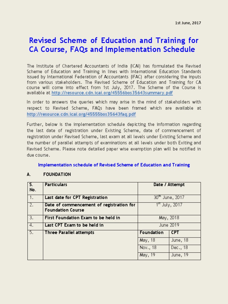 Revised Scheme of Education and Training For Ca Course, Faqs and Implementation Schedule PDF