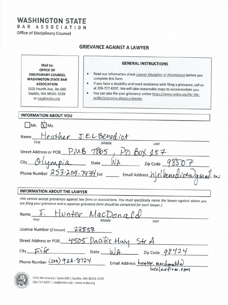 2018 08 26 F. Hunter MacDonald Attorney Grievance With Washington State