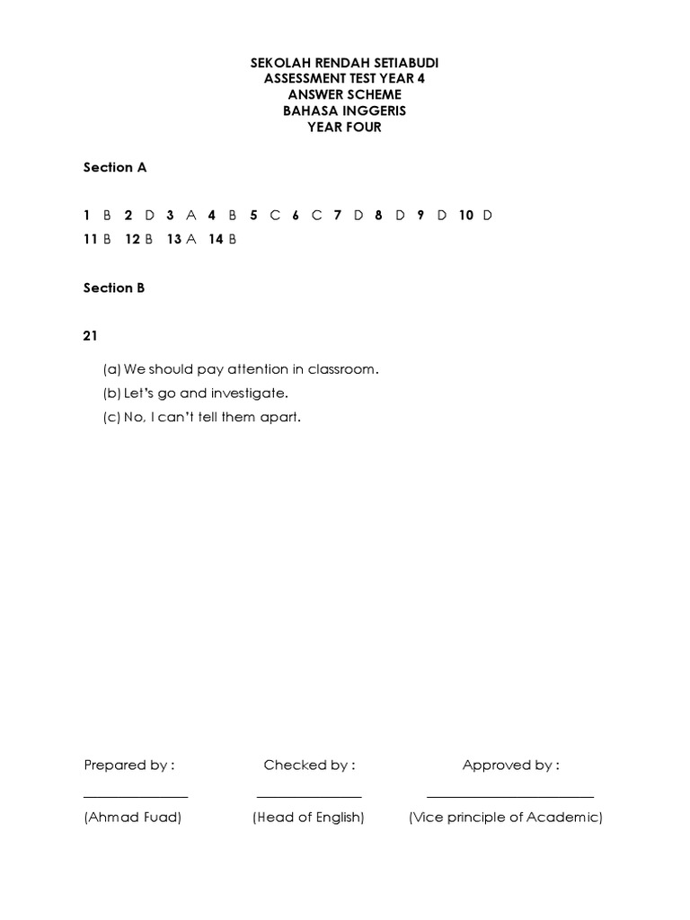 Answer Scheme Assmnt Test Yr 4 | PDF