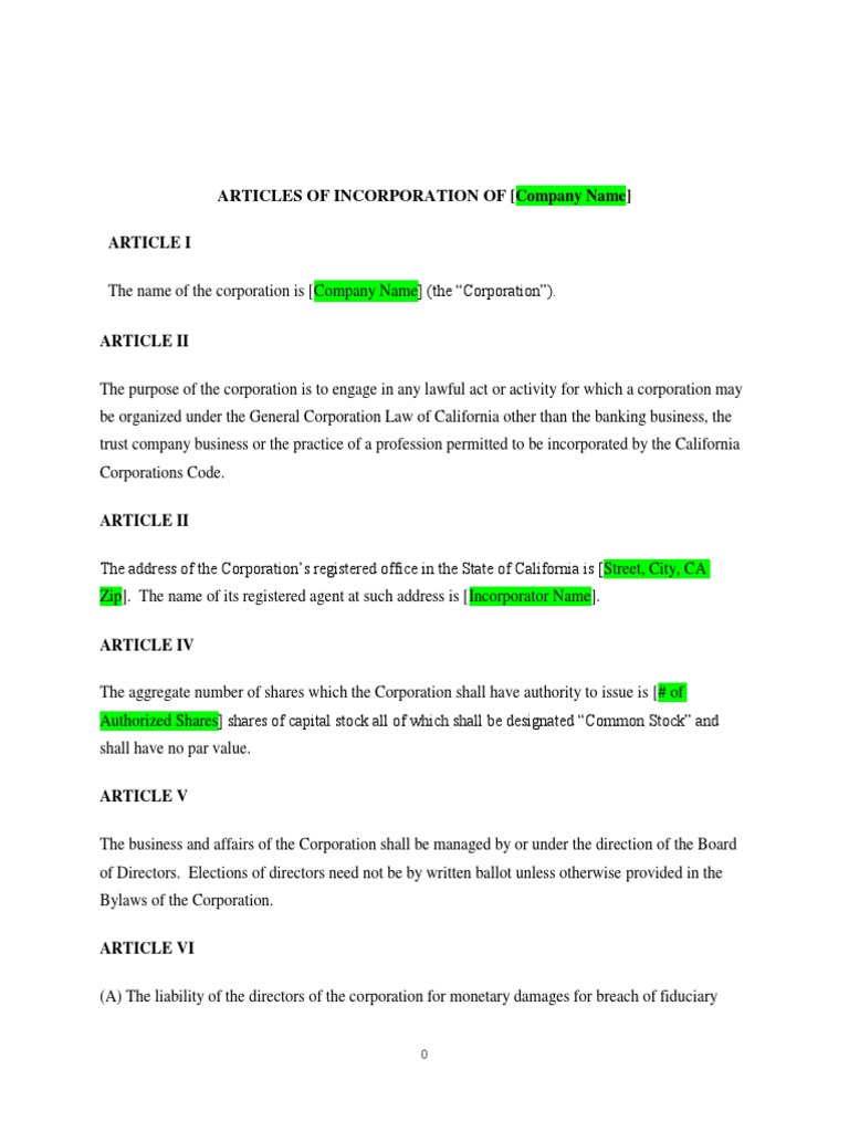 California Articles of Incorporation Template | PDF | Law Of California ...