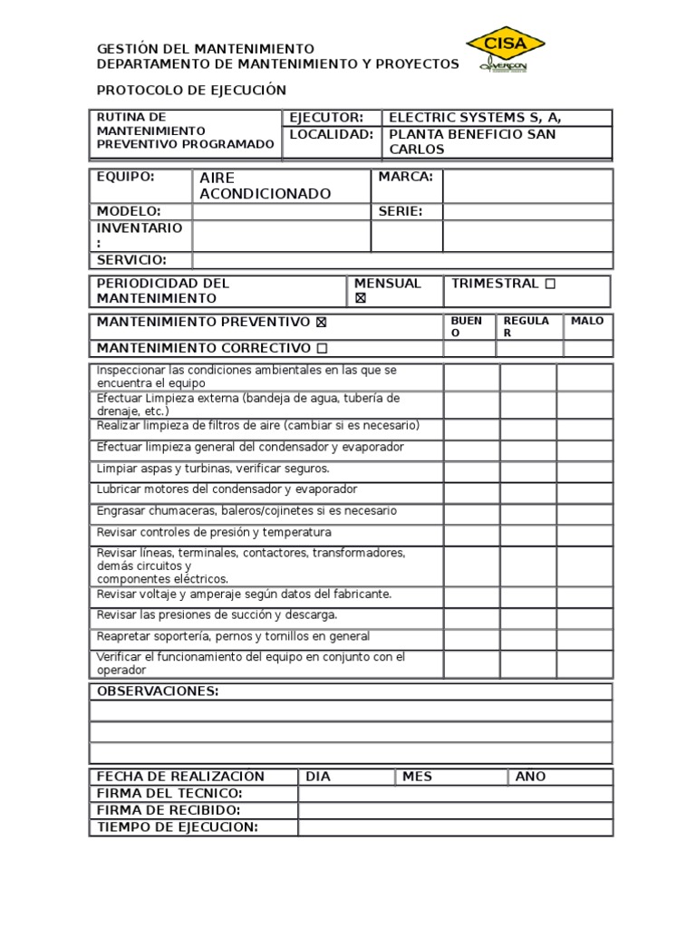 Protocolo De Mantenimiento Preventivo Pdf