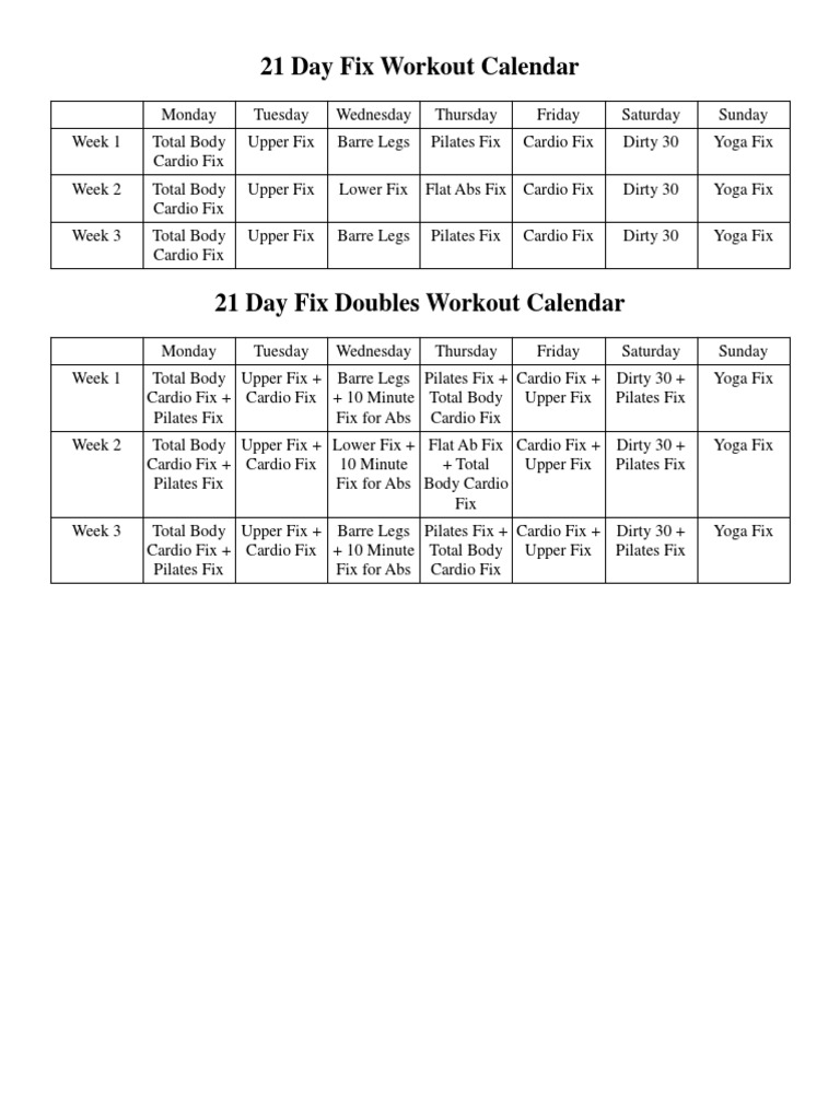 21 Day Fix Workout Calendar | PDF