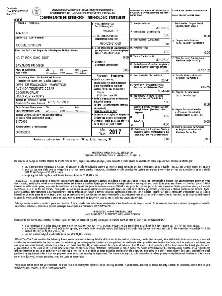 Formulario W-2 Puerto Rico 2023 | PDF | Tiempo extraordinario ...