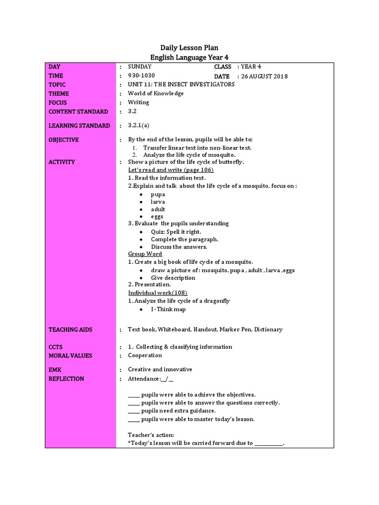 Daily Lesson Plan English Language Year 4 | PDF