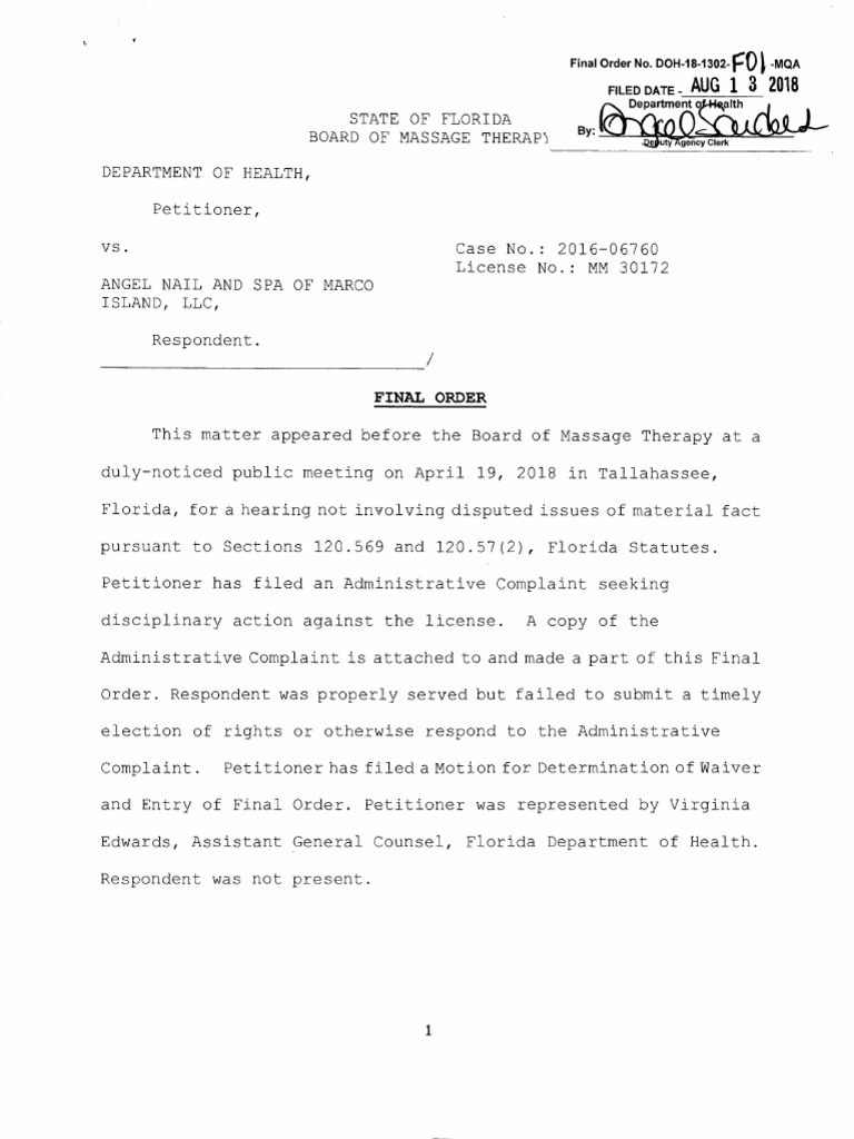 Florida Board of Massage Therapy final order | Subpoena Duces Tecum
