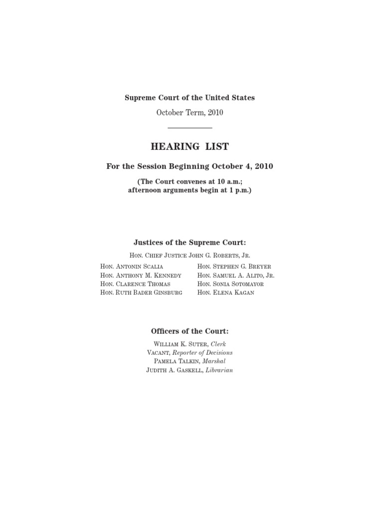 Supreme Court Hearing List October 2010 | PDF