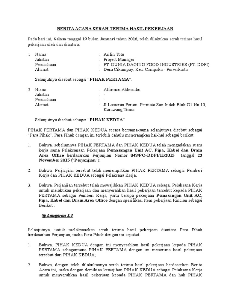 Contoh Berita Acara Serah Terima Pekerjaan