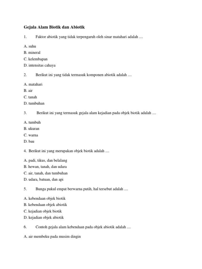 Soal Ipa Kelas 10 Materi Gejala Alam Biotik Dan Abiotik