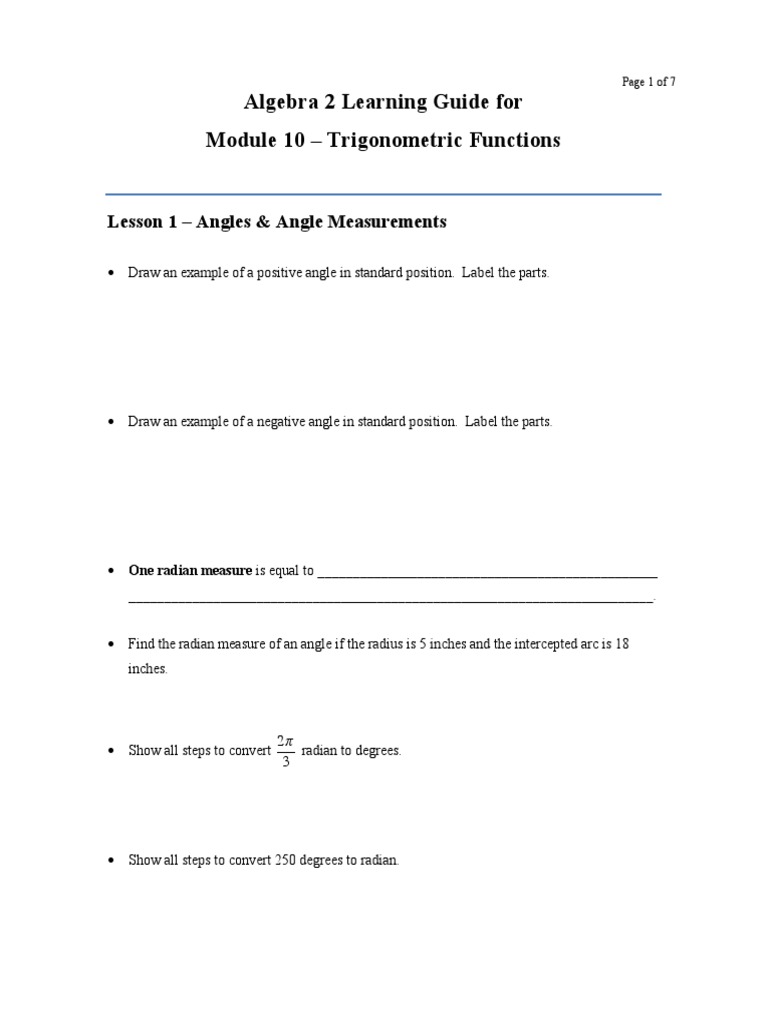 Algebra 2 Learning Guide For Module 10 Trig Trigonometric