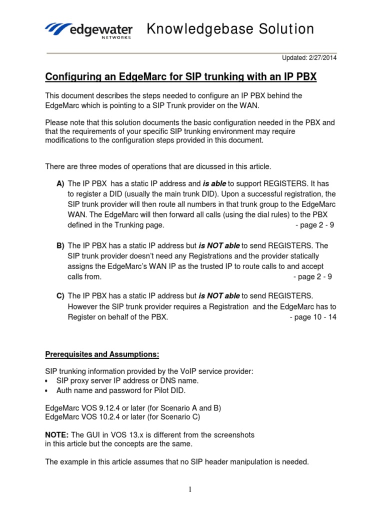 Edgewater ConfigureEdgeMarcForSIPTrunking PDF Session Initiation