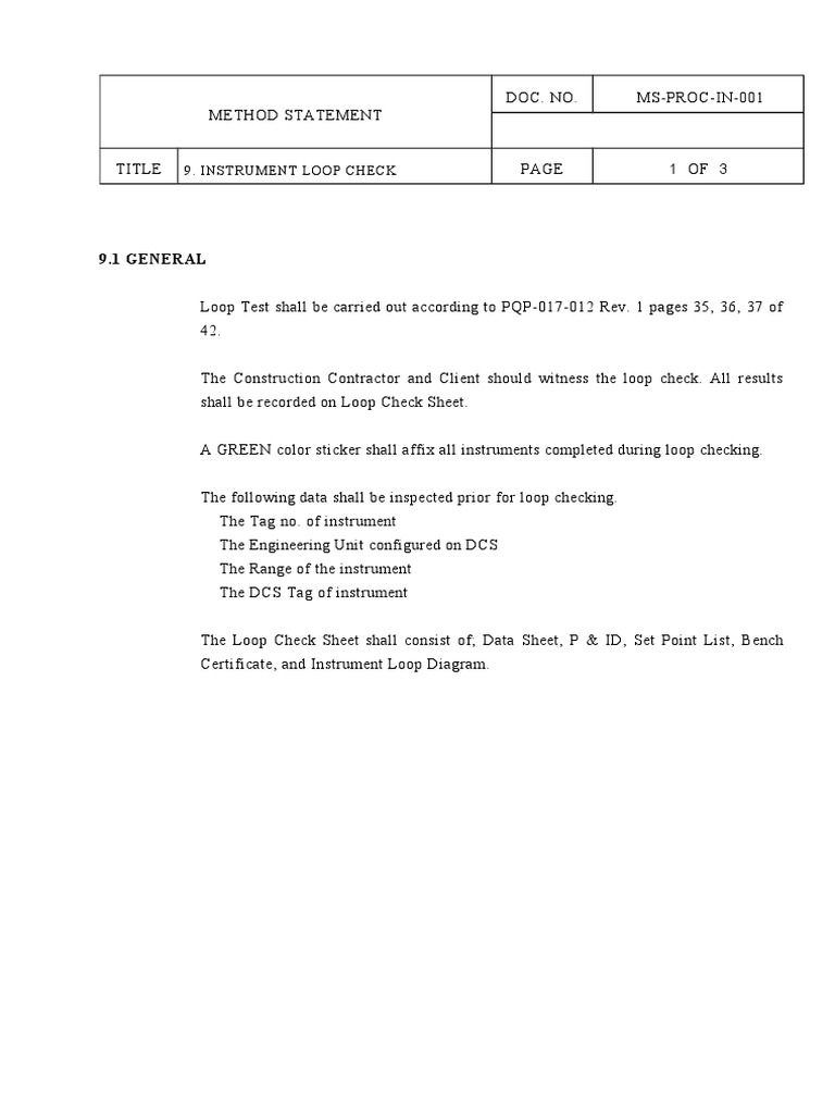 Instrument Loop Check Procedure | PDF | Valve | Systems Engineering
