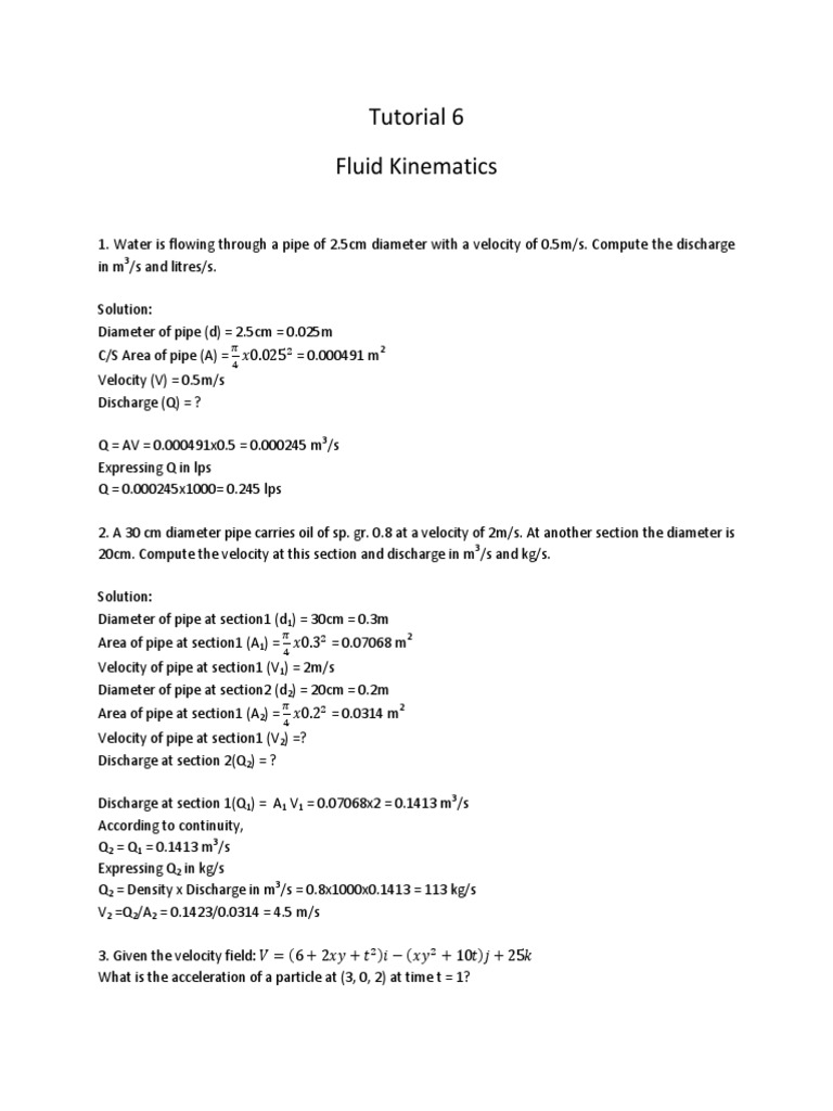 Fluid Kinematics Tutorial and Solutions | PDF | Navier–Stokes Equations ...