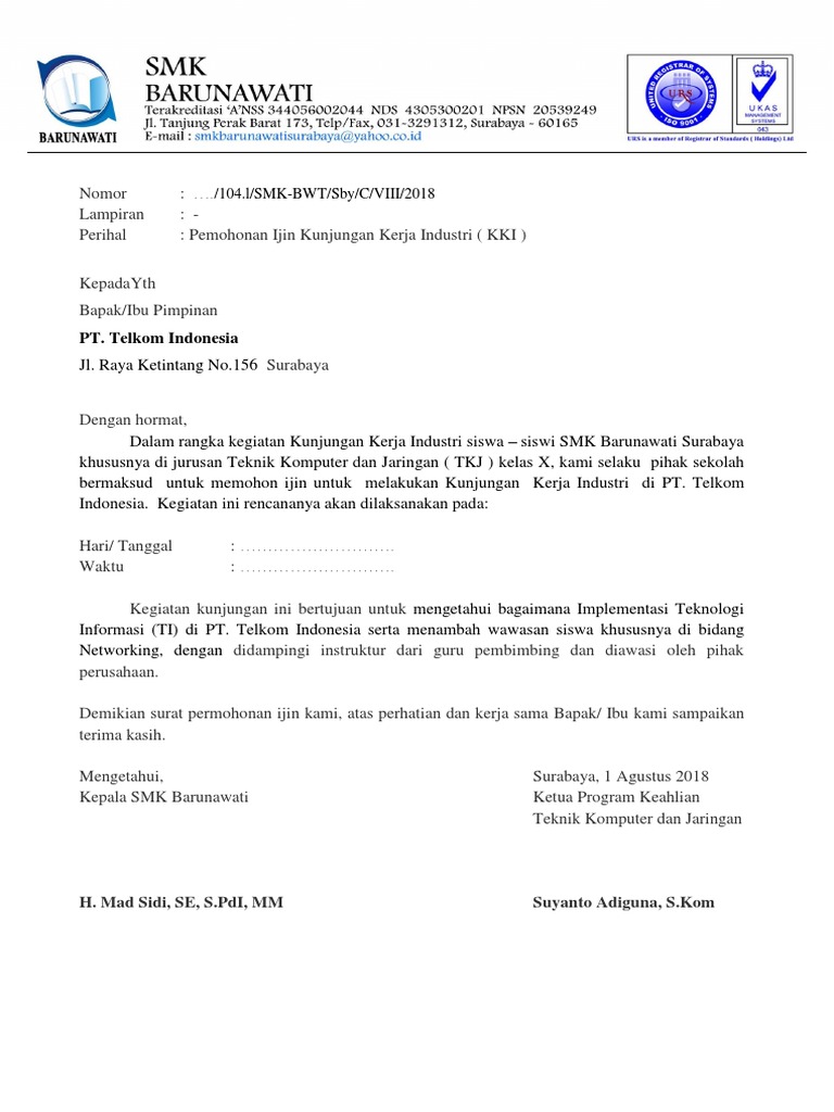 Contoh Surat Permohonan Kunjungan Ke Perusahaan  PDF