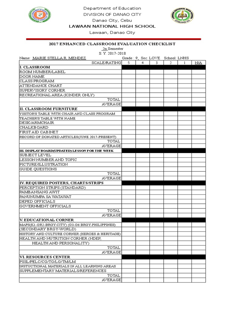 2017 Classroom Evaluation Checklist | PDF | Classroom | Behavior ...