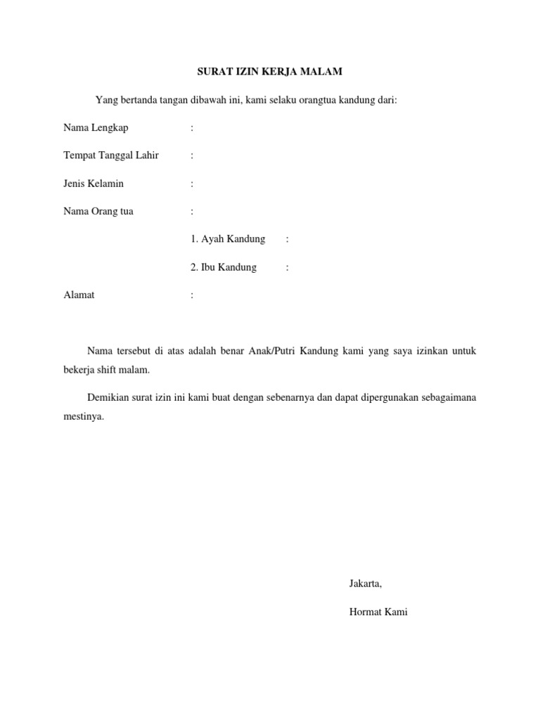 Contoh Surat Izin Kerja Malam