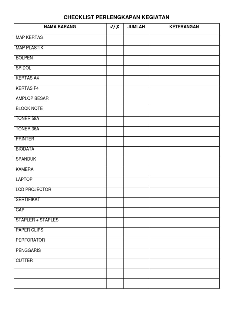 Checklist Perlengkapan Kegiatan | PDF