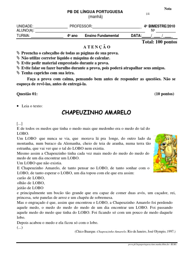 Prova de Língua Portuguesa 4º Ano - 4º Bimestre | PDF | Sílaba ...
