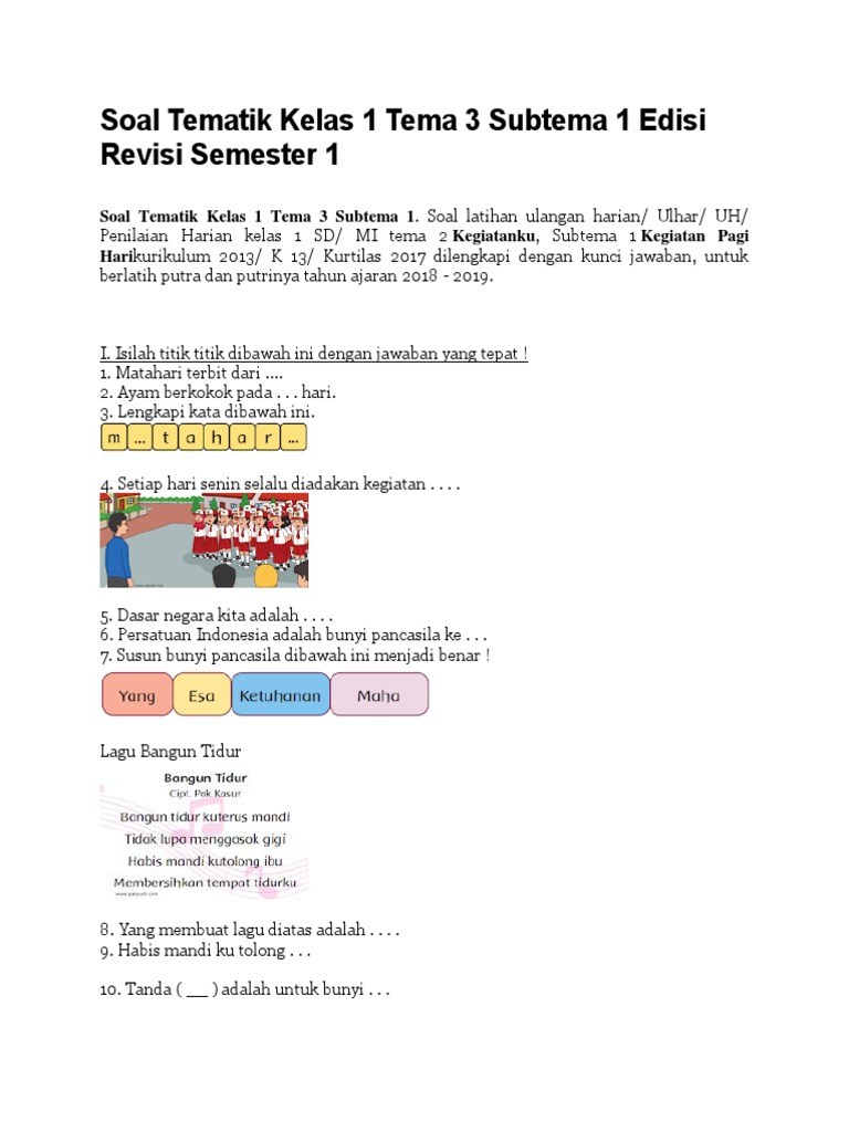 Soal Tematik Kelas 1 Tema 3 Subtema 1 Edisi